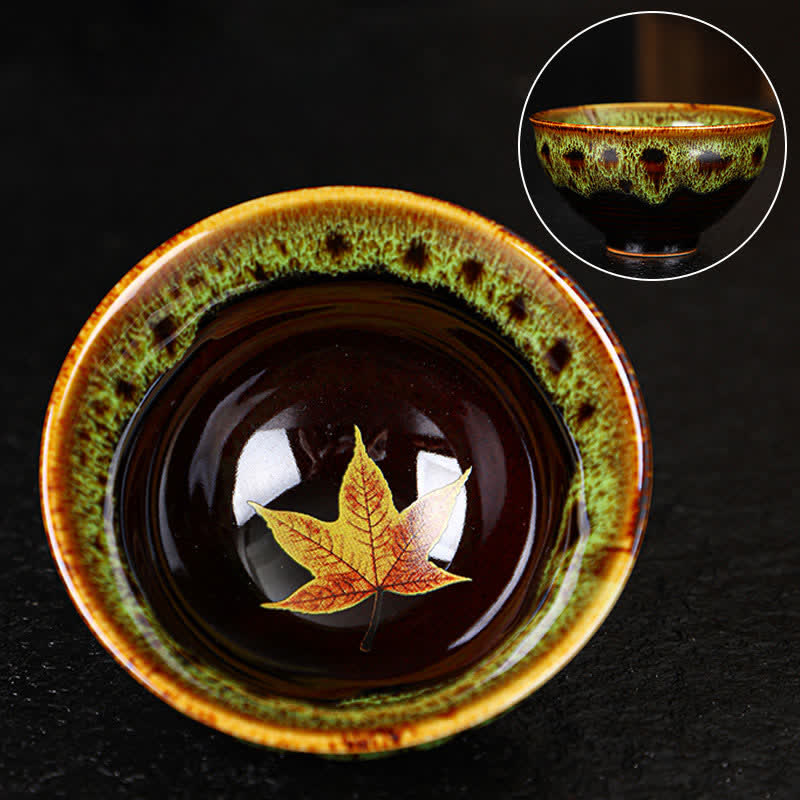 Buddha Stones Maple Leaf Colorful Ceramic Teacup Home Tea Cups Cup BS 8cm*4.5cm*90ml Green