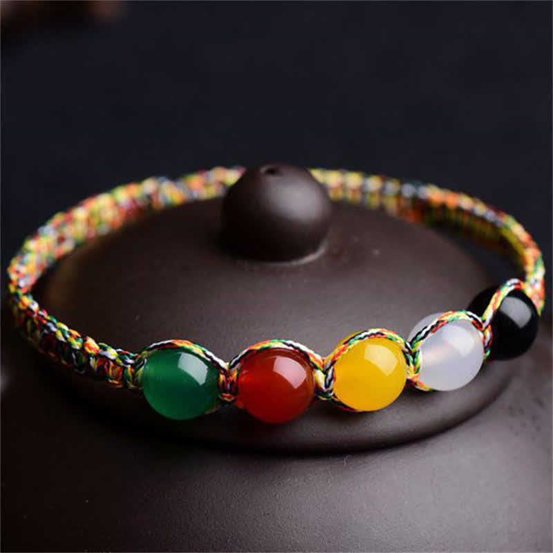Buddha Stones Colorful Agate Metal Wood Water Fire Earth Five Elements String Bracelet Bracelet BS 5