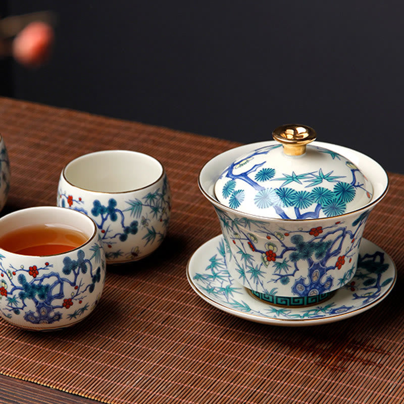 Buddha Stones Retro Plum Blossom Pine Bamboo Phoenix Kirin Ceramic Gaiwan Sancai Teacup Kung Fu Tea Cup and Saucer with Lid Cup BS 4