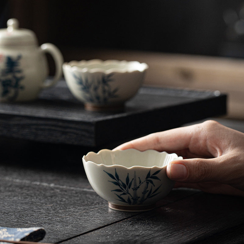 Buddha Stones Small Blue Bamboo Leaves Ceramic Teacup Kung Fu Tea Cup Bowl Cup BS 6