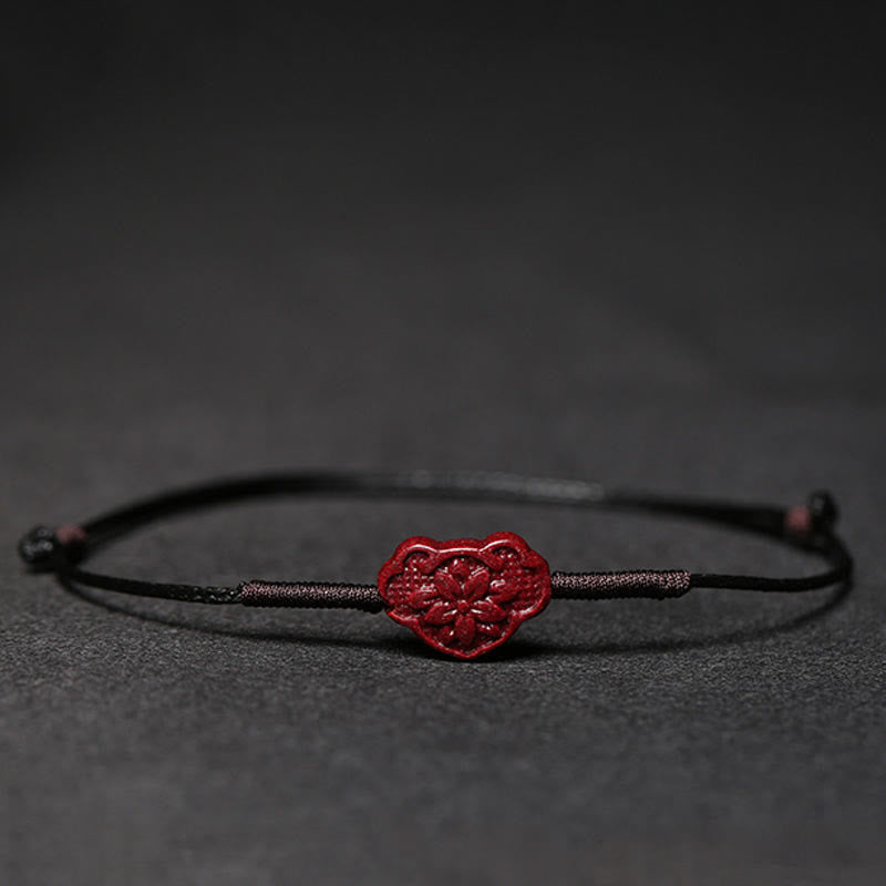 Buddha Stones Handmade Plum Blossom Four Leaf Clover PiXiu Lotus Koi Fish Cinnabar Blessing Braid Bracelet Bracelet BS Black(Wrist Circumference 14-19cm) Lock of Good Wishes