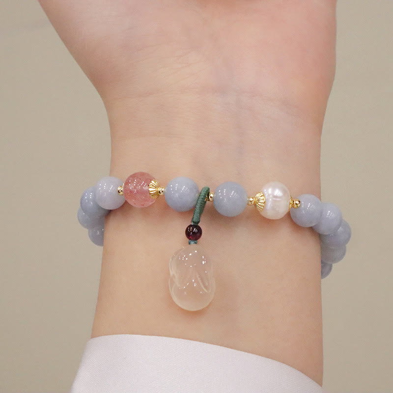 Buddha Stones Natural Aquamarine Chalcedony Serenity Rabbit Gourd Cat Charm Bracelet Bracelet BS 2