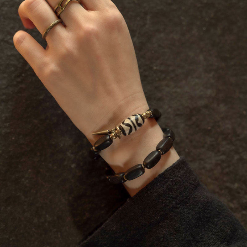 Buddha Stones Tibet Ebony Wood Dzi Bead Copper Balance Double Wrap Bracelet Bracelet BS 16