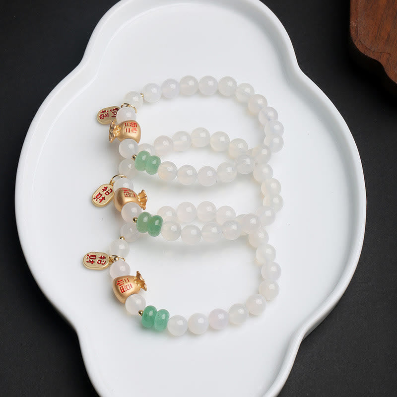 Buddha Stones Natural White Agate Red Agate Money Bag Fu Character Four Leaf Clover Protection Bracelet Bracelet BS 3