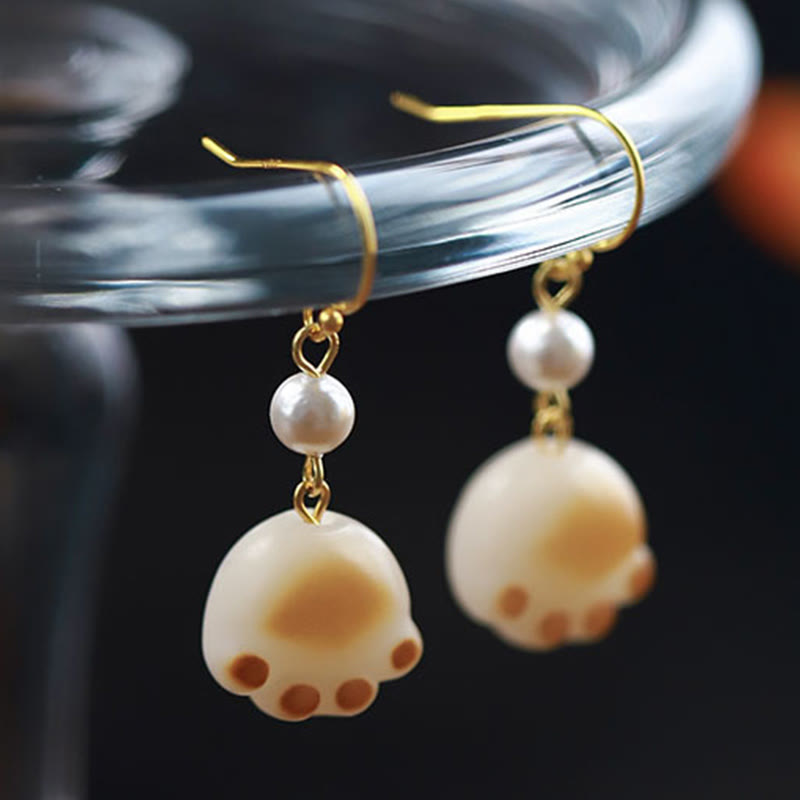 Buddha Stones Bodhi Seed Lovely Cat Paw Claw Peace Dangle Drop Earrings Earrings BS 1