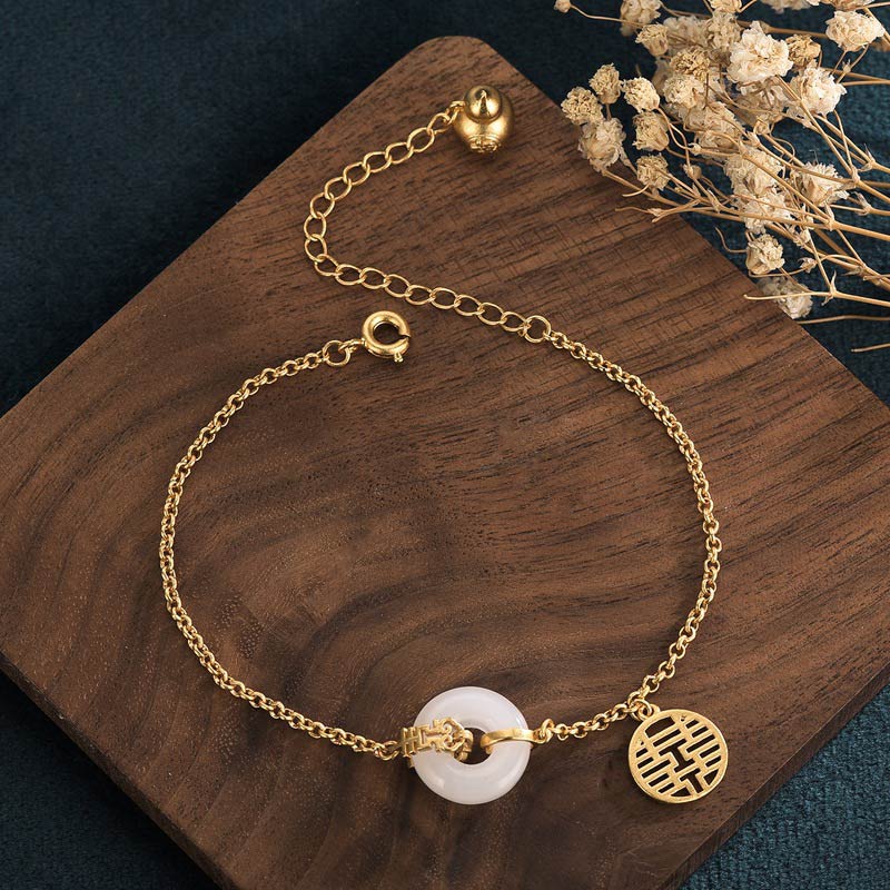 Buddha Stones White Jade Double Happiness Fortune Bracelet Bracelet BS 1
