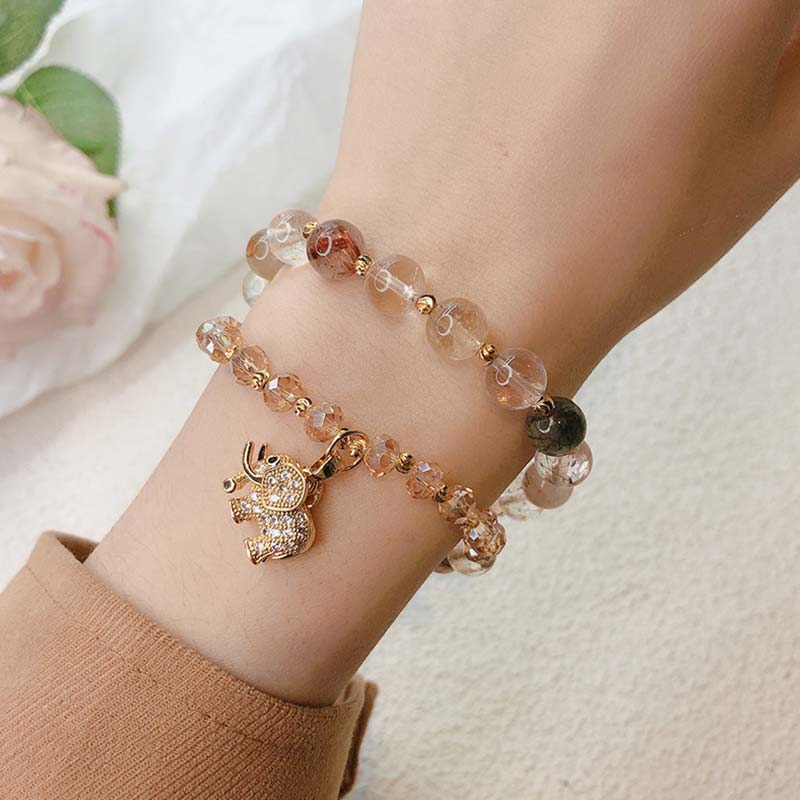 Buddha Stones Rose Quartz Elephant Healing Energy Charm Bracelet Bracelet BS 8