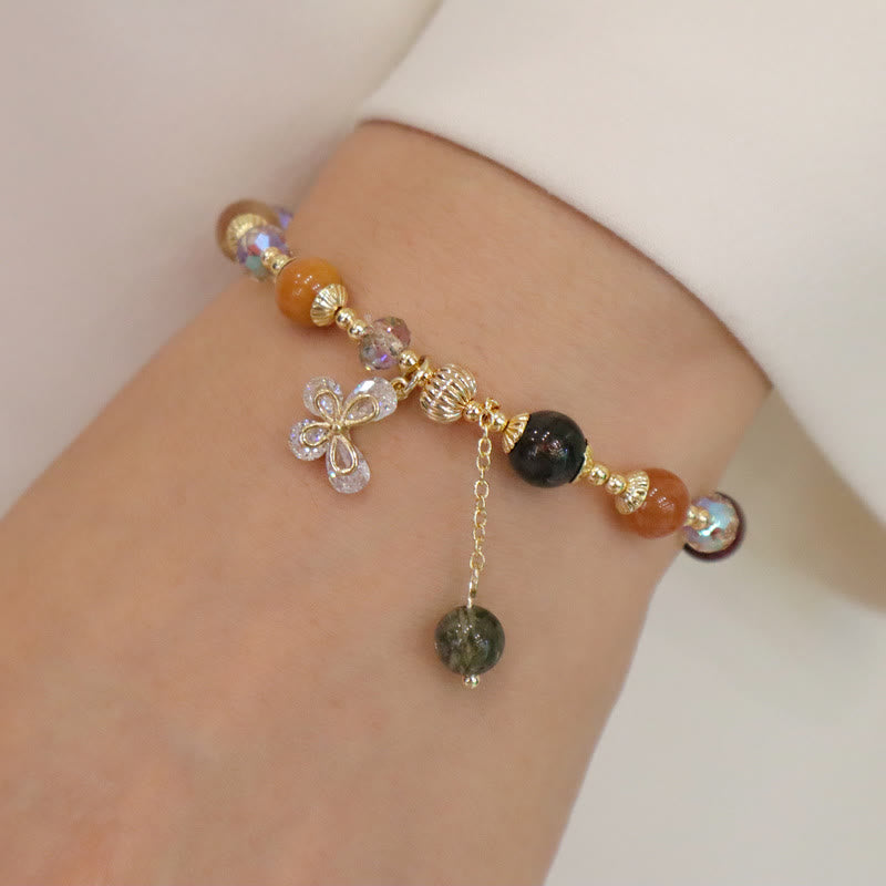 Buddha Stones Natural Fu Lu Shou Rainbow Crystal Rutilated Quartz Wealth Butterfly Charm Bracelet Bracelet BS 7
