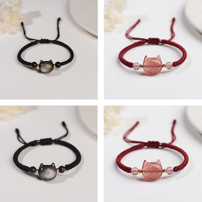 Buddha Stones Handmade Natural Silver Sheen Obsidian Strawberry Quartz Cute Cat Protection Braided Bracelet Bracelet BS 13
