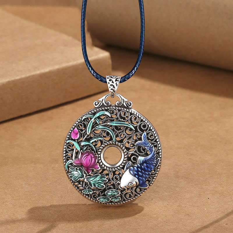 Buddha Stones Koi Fish Lotus Peace Buckle Fu Character Wealth Luck Necklace Pendant Necklaces & Pendants BS Lotus Carp&Leather Rope