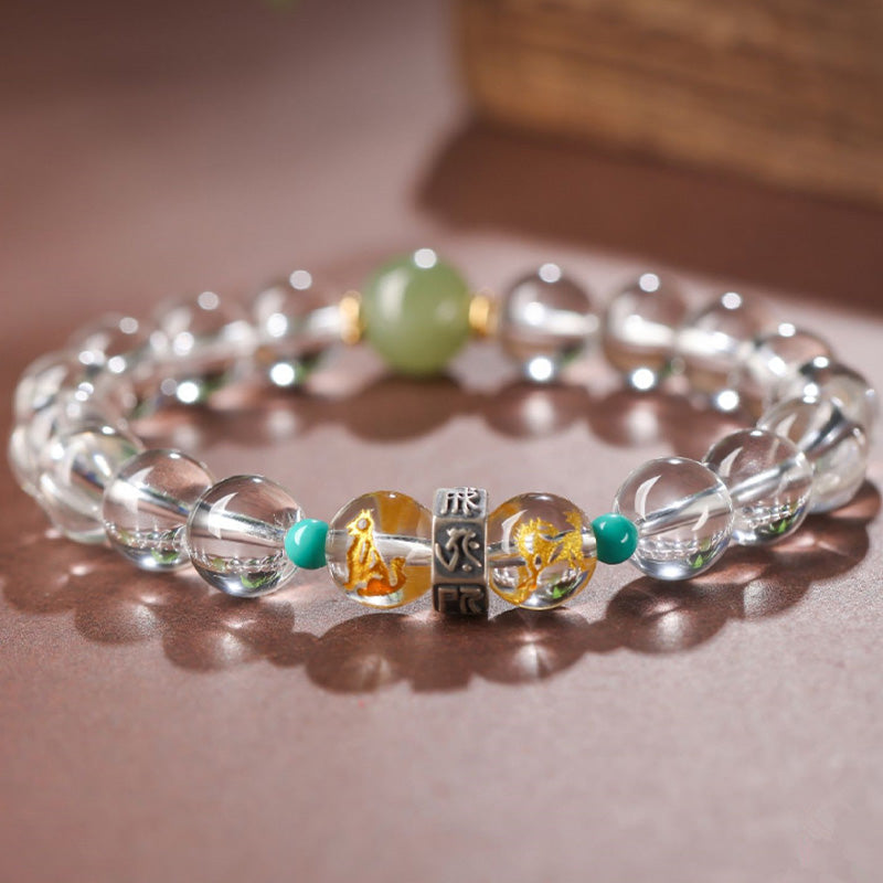 Buddha Stones 925 Sterling Silver Chinese Zodiac Natal Buddha Auspicious Groups White Crystal Hetian Jade Healing Bracelet Bracelet BS 7