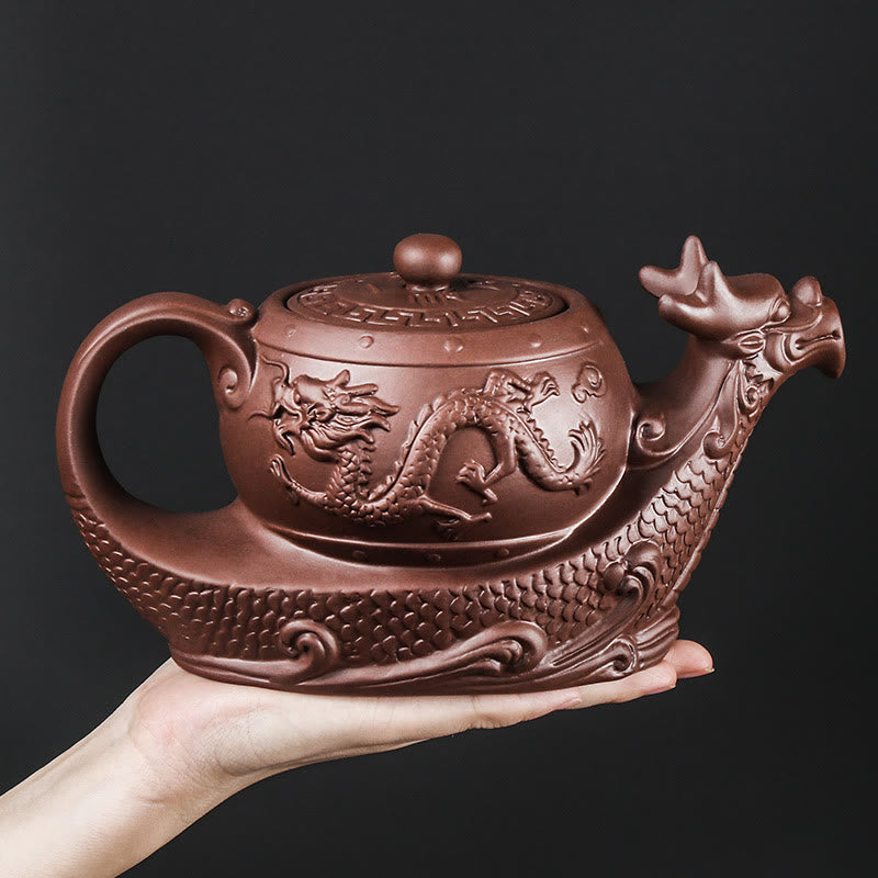 Foviel Vintage Dragon Auspicious Clouds Purple Clay Ceramic Teapot