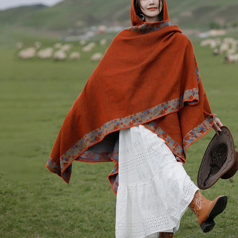 Buddha Stones Tibetan Shawl Border Small Floral Flower Hooded Cloak Winter Cozy Travel Scarf Wrap Tibetan Shawl BS 5