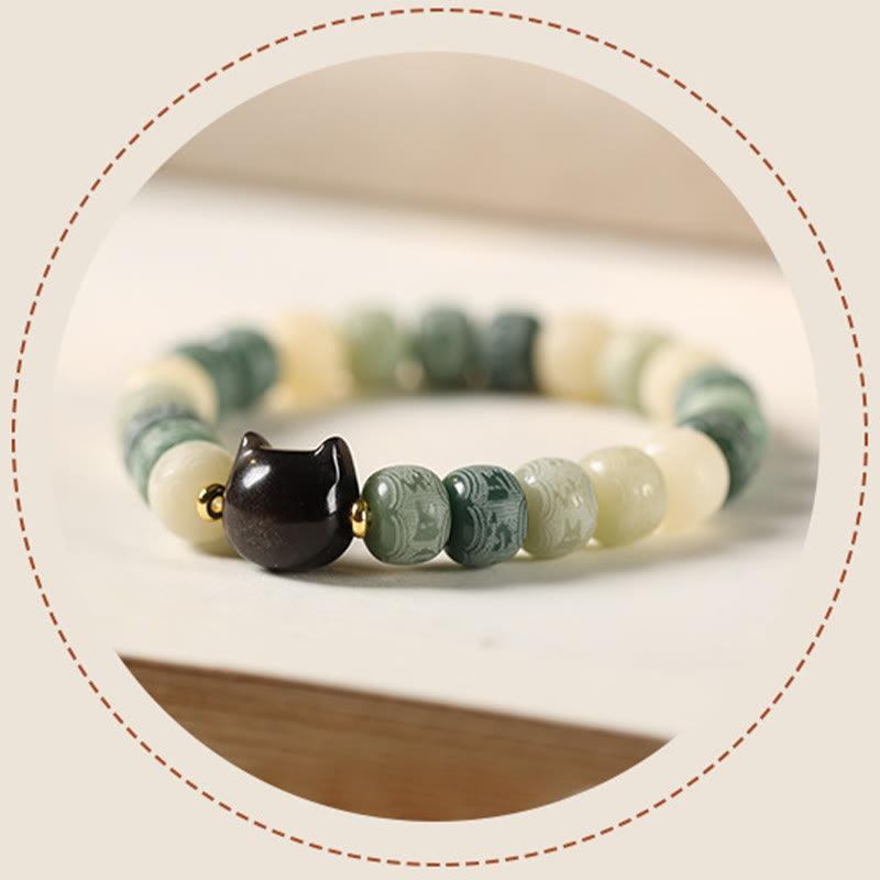Buddha Stones Bodhi Seed Silver Sheen Obsidian Cat Head Om Mani Padme Hum Engraved Harmony Bracelet Bracelet BS 12