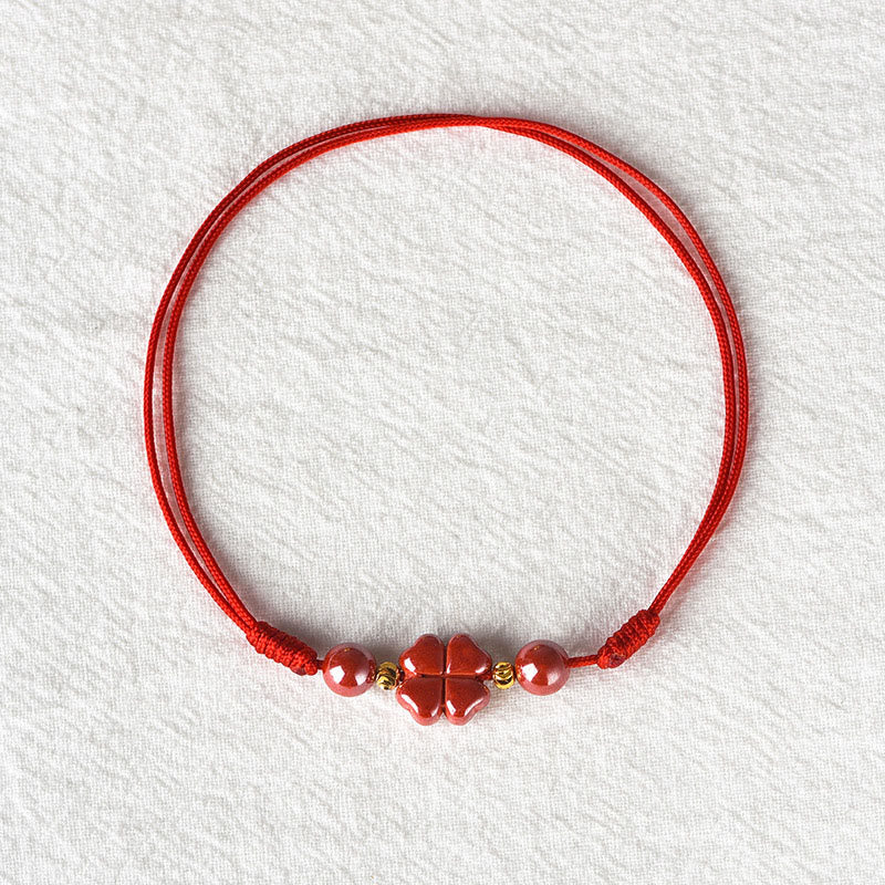 Buddha Stones Four Leaf Clover Cinnabar Blessing Calm String Bracelet Anklet Bracelet BS 17