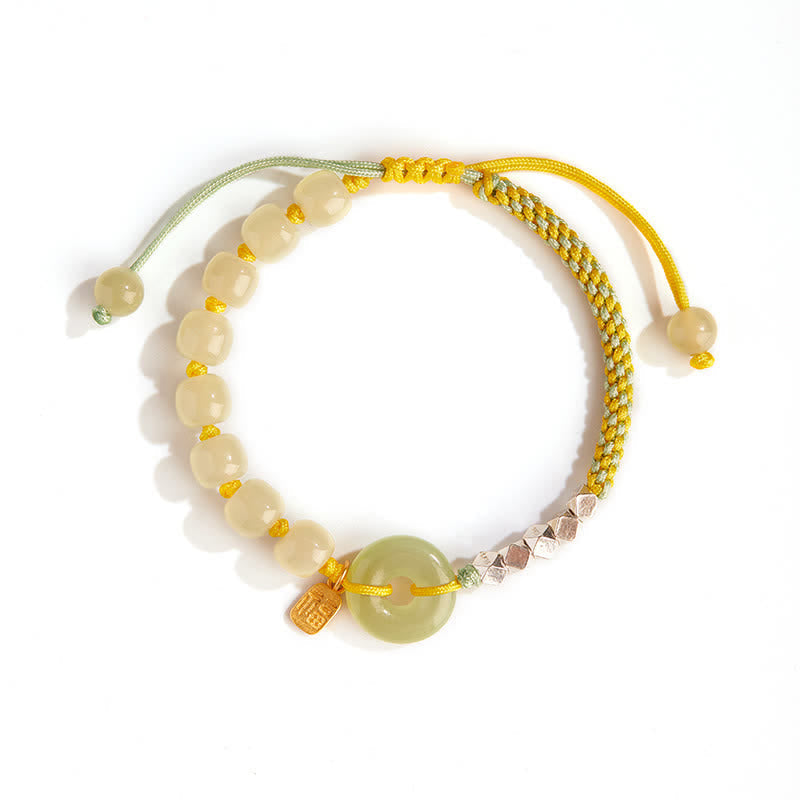 Buddha Stones 925 Sterling Silver Hetian Jade Peace Buckle Beaded Luck Happiness Charm Bracelet Bracelet BS 9