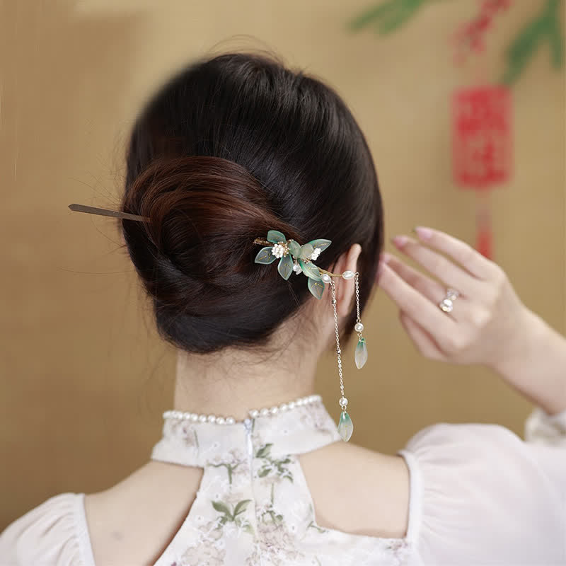 Buddha Stones Flower Leaf Pearl Peace Tassel Hairpin Hairpin BS 2