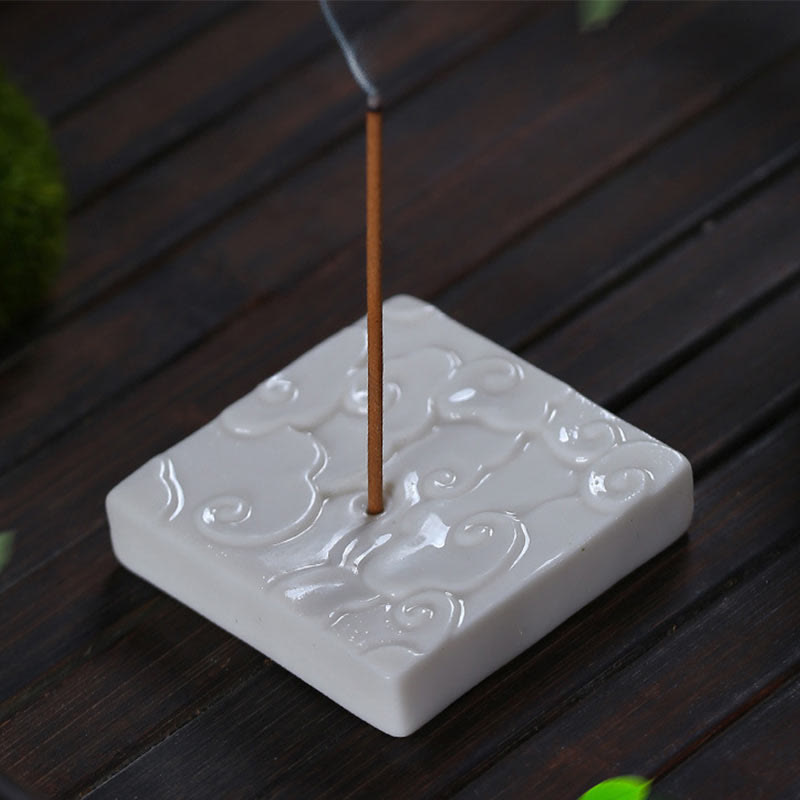 Buddha Stones Mini Auspicious Clouds Design Healing Stick Ceramic Small Incense Burner Decoration Incense Burner BS Square Auspicious Cloud 5*5*0.5cm White