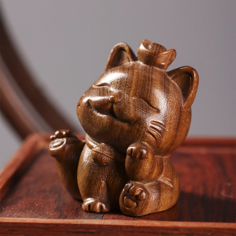Buddha Stones Mini Green Sandalwood Ingot Lucky Cat Carved Peace Desk Decorations Decorations BS 5cm