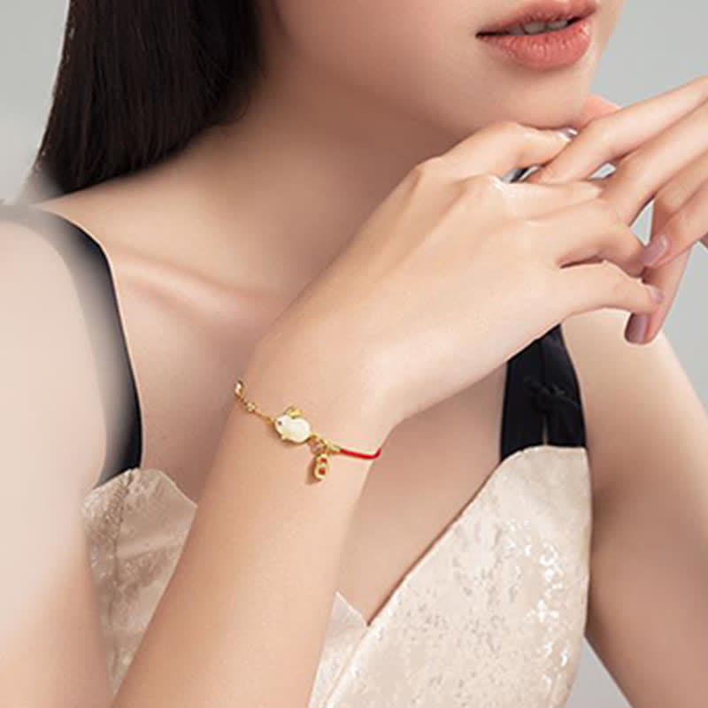 Buddha Stones Year of the Rabbit White Jade Happiness Red String Chain Bracelet Bracelet BS 5