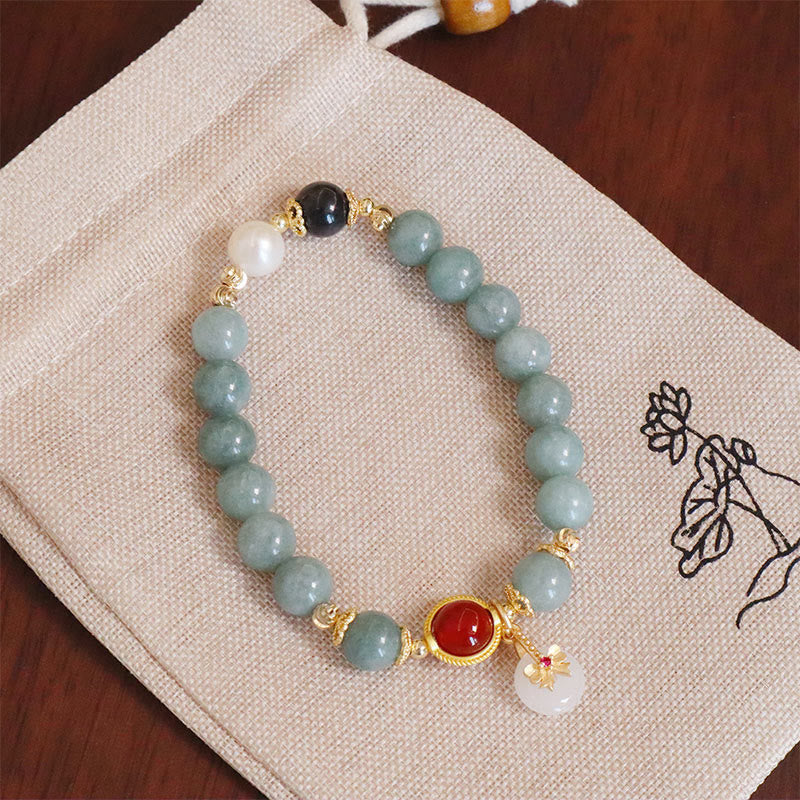 Buddha Stones Natural Jade Red Agate Pearl Bow Tie Luck Bracelet Bracelet BS 1