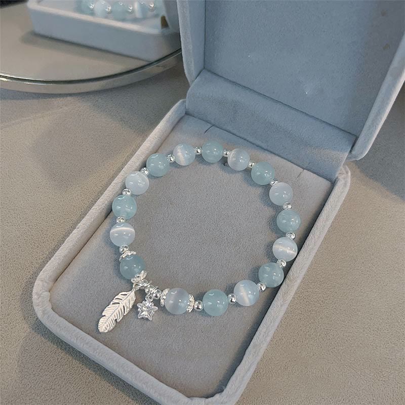 Buddha Stones 925 Sterling Silver Aquamarine Cat's Eye Healing Feather Star Charm Bracelet - image 4