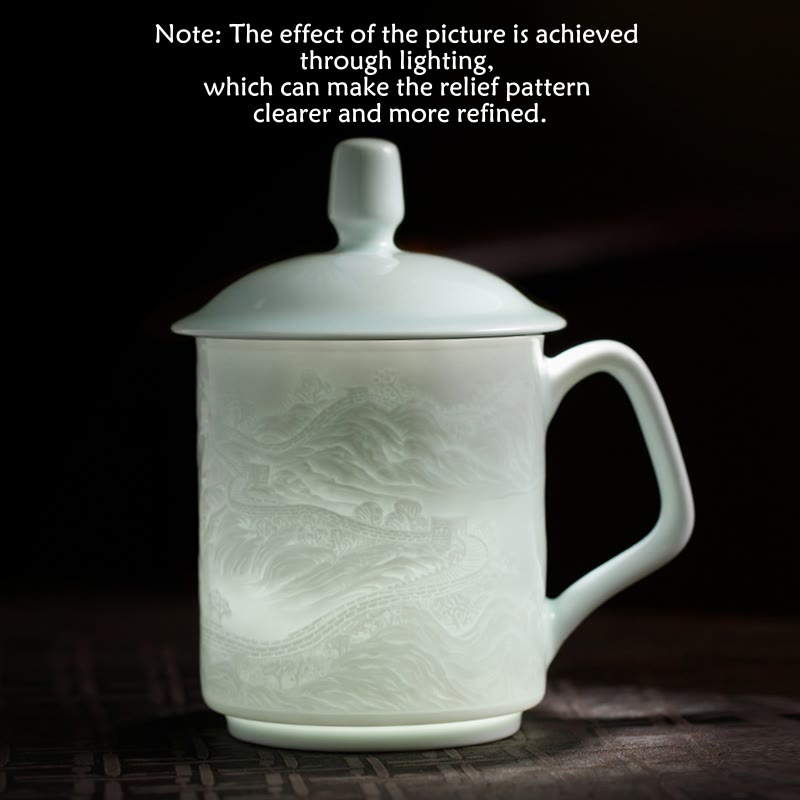 Buddha Stones Jingdezhen White Porcelain Handmade Great Wall Landscape Engraved Ceramic Teacup Office Mug Tea Cups Cup BS 3