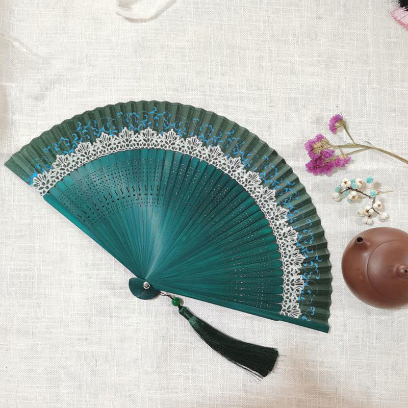 Buddha Stones Simple Hollow Engraved Handheld Bamboo Folding Fan Folding Fan BS Dark Green 22cm