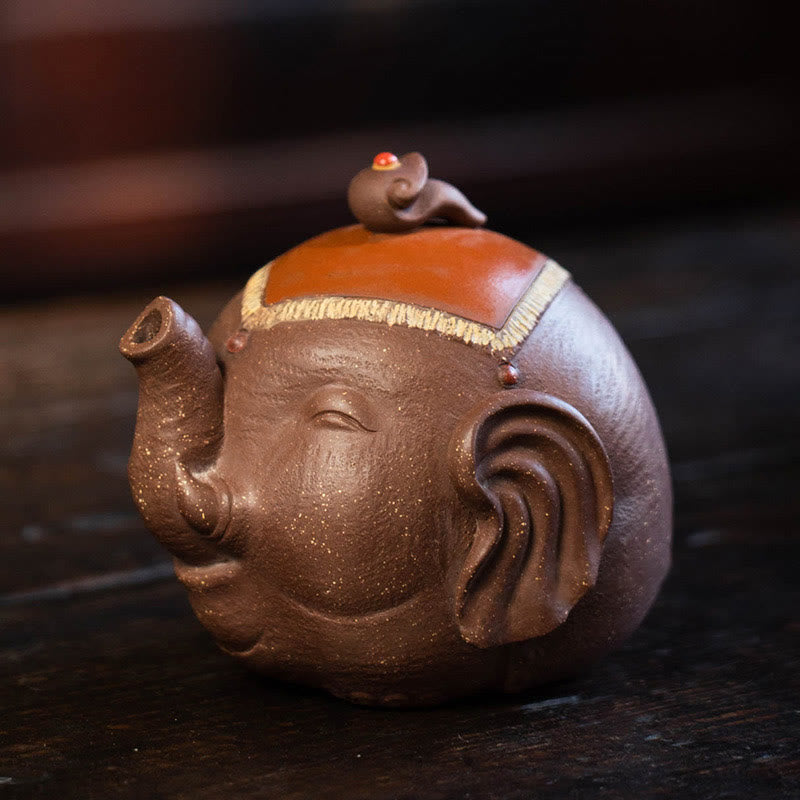 Buddha Stones Cute Elephant Auspicious Clouds Purple Clay Ceramic Teapot Teapot BS Elephant(220ml)
