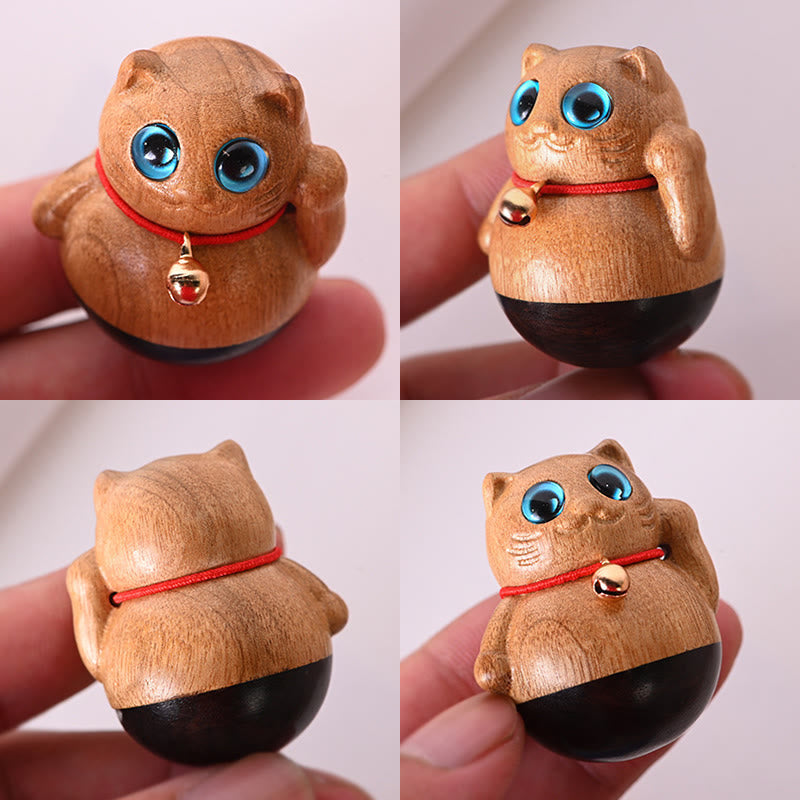 Buddha Stones Mini Lucky Cat Kitten Phoebe Zhennan Wood Blessing Decoration Decorations BS 8