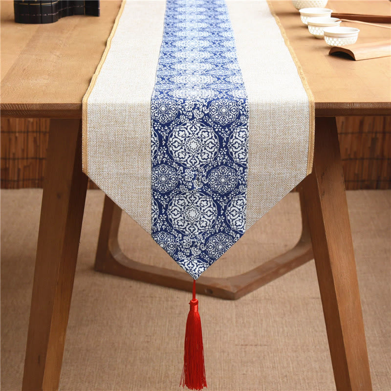 Buddha Stones Classic Chinese Style Lotus Koi Fish Flower Crane Calligraphy Enlightenment Cotton Linen Tassels Table Runner Table Runner BS Beige Blue And White Porcelain 30*180cm