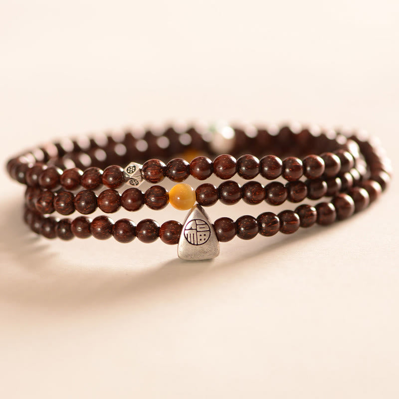 Foviel 925 Sterling Silber Indisches Blatt Rot Sandelholz Fu Charakterschutz Dreifach-Wrap-Armband