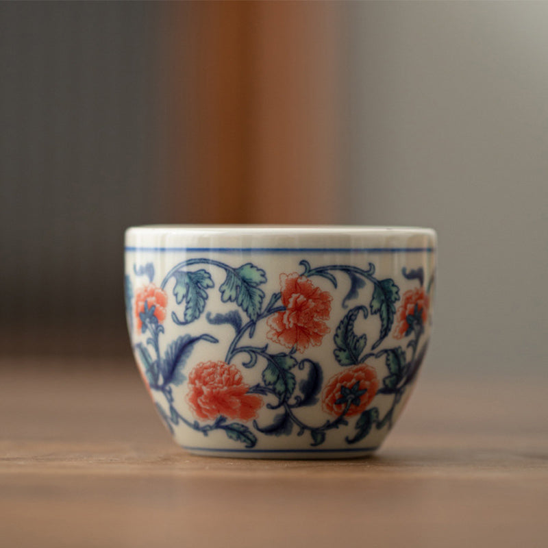 Buddha Stones Koi Fish Arowana Peony Sunflower Ceramic Teacup Kung Fu Tea Cup 60ml Cup BS Peony 5.9cm*4.3cm*60ml