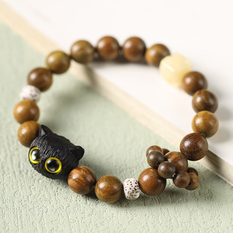 Buddha Stones Green Sandalwood Ebony Wood Cat Peace Soothing Bracelet Bracelet BS Green Sandalwood(Cure♥Positive)(Wrist Circumference 14-17cm)