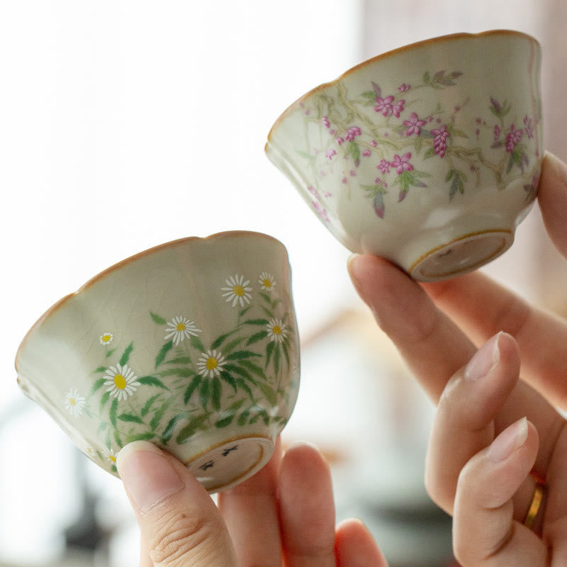 Buddha Stones Peach Blossom Daisy Flower Ceramic Teacup Kung Fu Tea Cups Cup BS 1