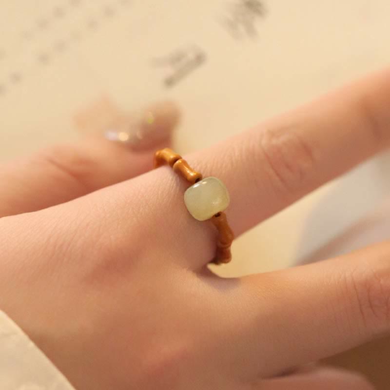 Buddha Stones Hetian Jade Beaded Bamboo Prosperity Luck Ring Ring BS 6