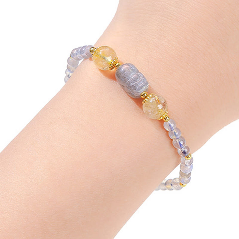 Buddha Stones Moonstone Strawberry Quartz Tourmaline PiXiu Healing Bracelet Bracelet BS 2