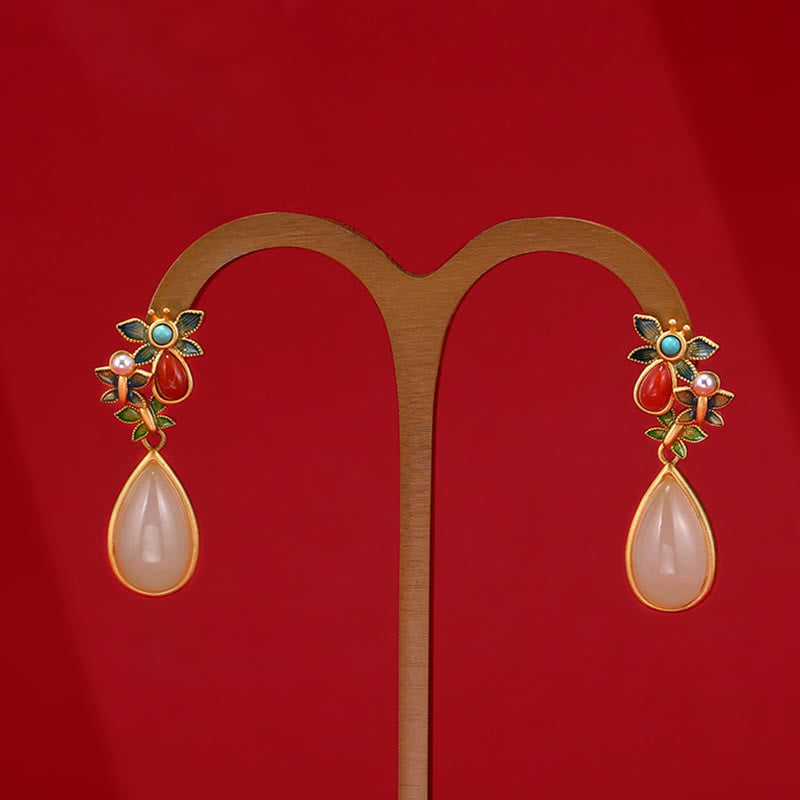 Buddha Stones Water Drop White Jade Red Agate Butterfly Protection Drop Dangle Earrings Earrings BS 6