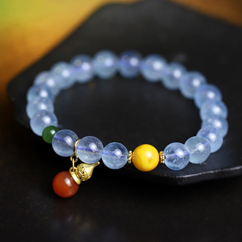 Buddha Stones Aquamarine Red Agate Peace Gourd Charm Bracelet Bracelet BS 7
