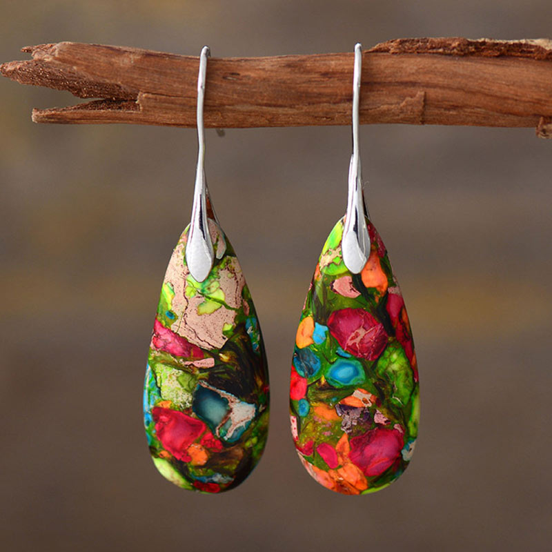 Buddha Stones Emperor Stone Crystal Happiness Earrings - Colorful Emperor Stone 5.5*1.6cm - image 0