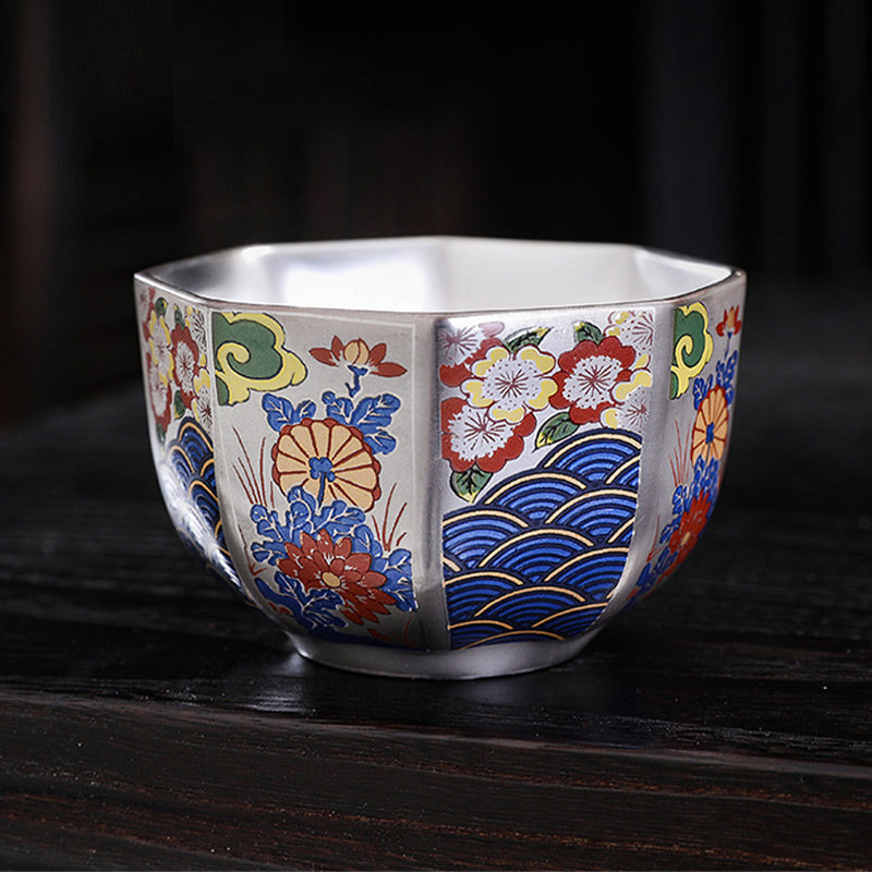 Buddha Stones 999 Sterling Silver Gilding Chrysanthemum Flowers Ceramic Teacup Kung Fu Tea Cup Cup BS 10