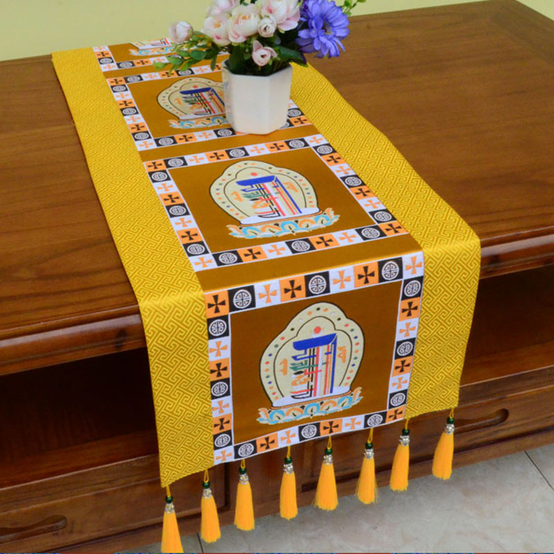 Buddha Stones Prayer Altar Mat Man-Bcu Kalachakra Endless Knot Vajra Tibetan Auspicious Symbols Tassels Table Runner Prayer Altar BS Man-Bcu Kalachakra Gold 190*33cm