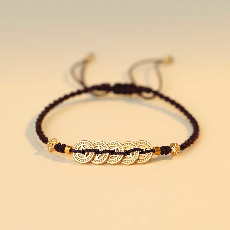 Buddha Stones Copper Coin Fortune Tree Luck Strength Braided Bracelet Bracelet BS Copper Coin Brown(Wrist Circumference 14-18cm)