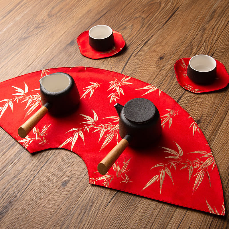 Buddha Stones Vintage Sea Wave Bamboo Plum Blossom Embroidered Cup Mat Pad Tea Cup Coaster Kung Fu Tea Mat Tea Mat BS 27