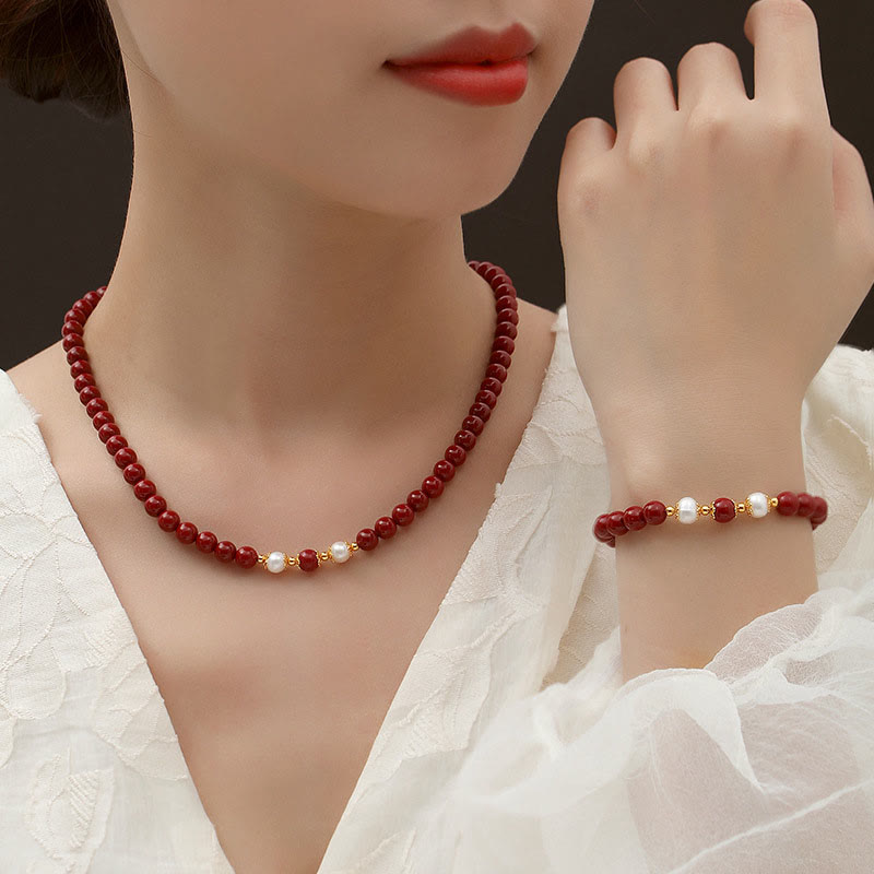 Buddha Stones 925 Sterling Silver Natural Cinnabar Pearl Blessing Necklace Pendant Bracelet Earrings Jewelry Set Bracelet Necklaces & Pendants BS 6