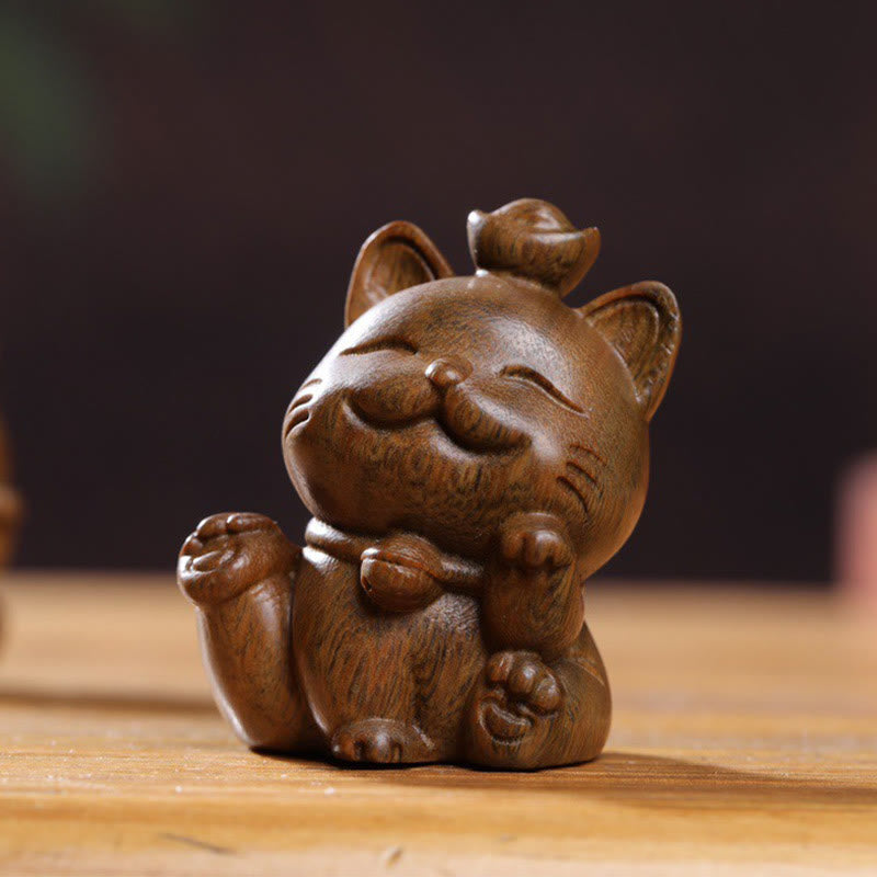 Buddha Stones Mini Green Sandalwood Ingot Lucky Cat Carved Peace Desk Decorations Decorations BS 14