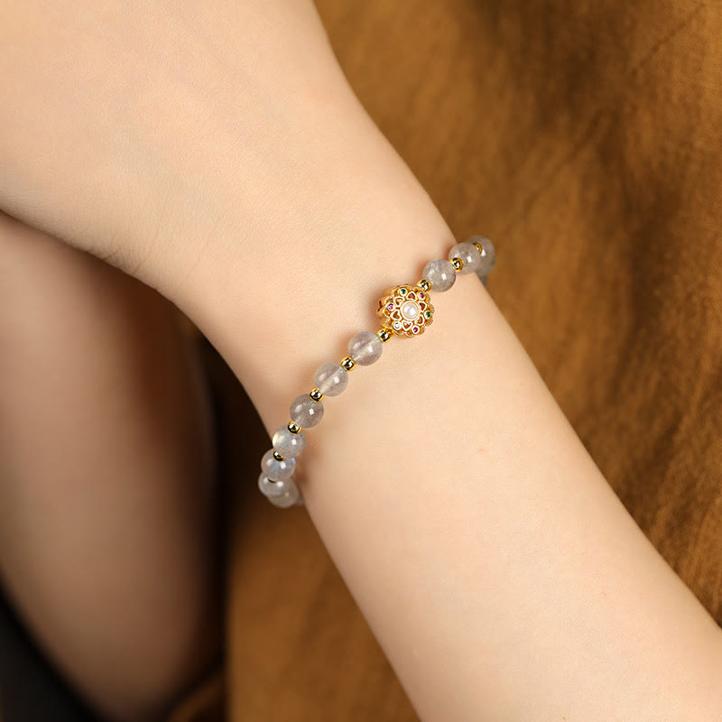 Buddha Stones 14K Gold Plated Natural Strawberry Quartz Labradorite Sun Stone Fu Character Positive Charm Bracelet Bracelet BS 7