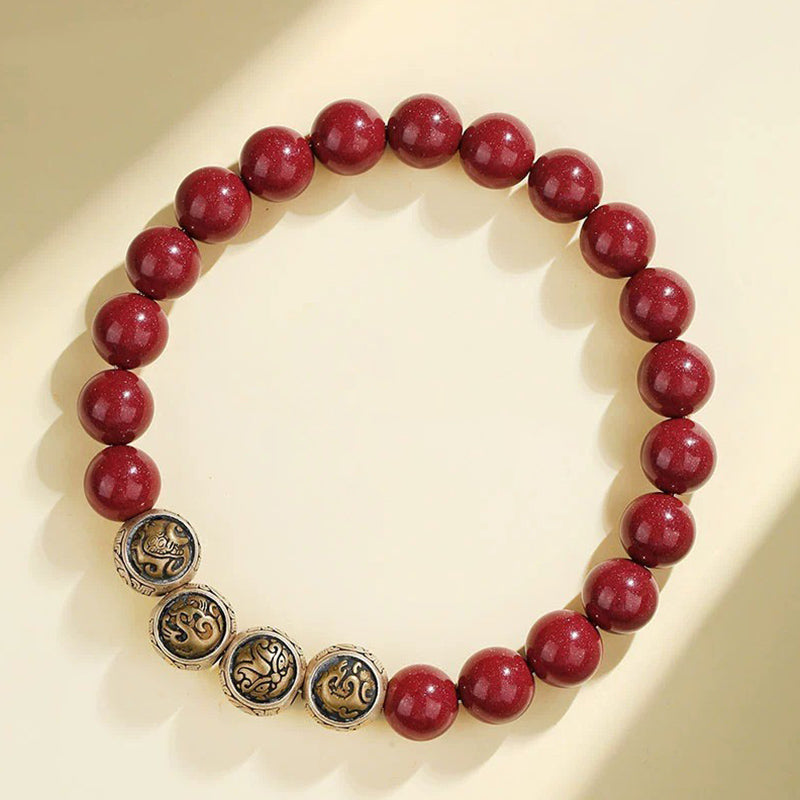 Buddha Stones 925 Sterling Silver Natural Cinnabar Four Beasts Blessing Bracelet Bracelet BS 8mm Four Beasts(Wrist Circumference 14-16cm)