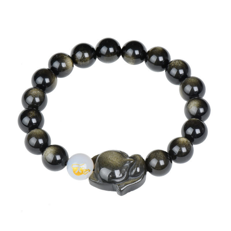 Buddha Stones Natural Rainbow Obsidian Gold Sheen Obsidian Silver Sheen Obsidian Fox Healing Bracelet Bracelet BS 13