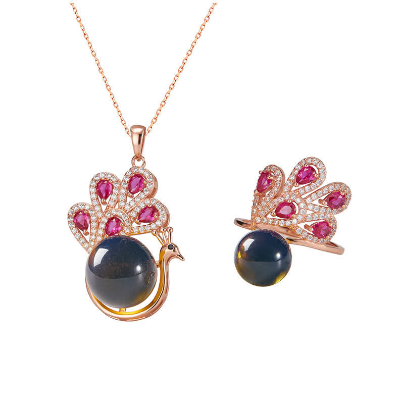 Buddha Stones Peacock Amber Fortune Love Necklace Pendant Ring Necklaces & Pendants BS 6